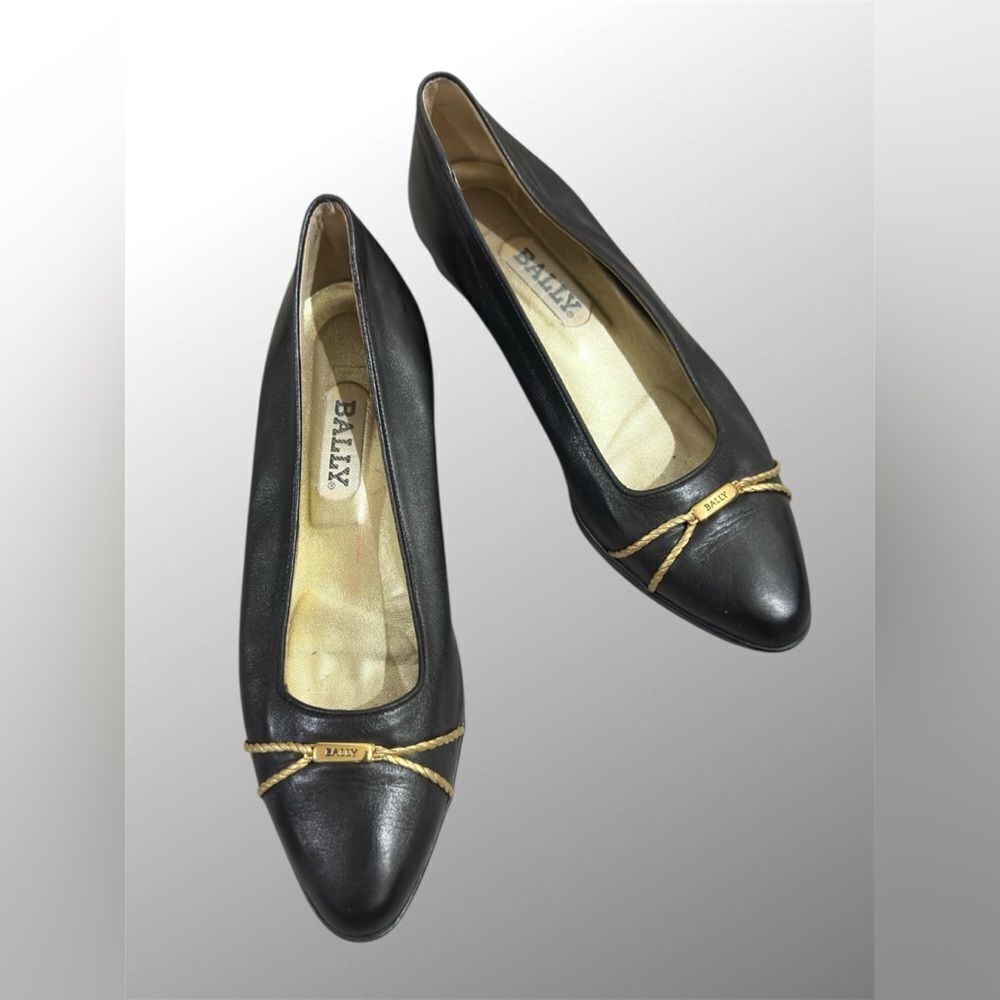 Bally Black Leather Flats with Gold Accents